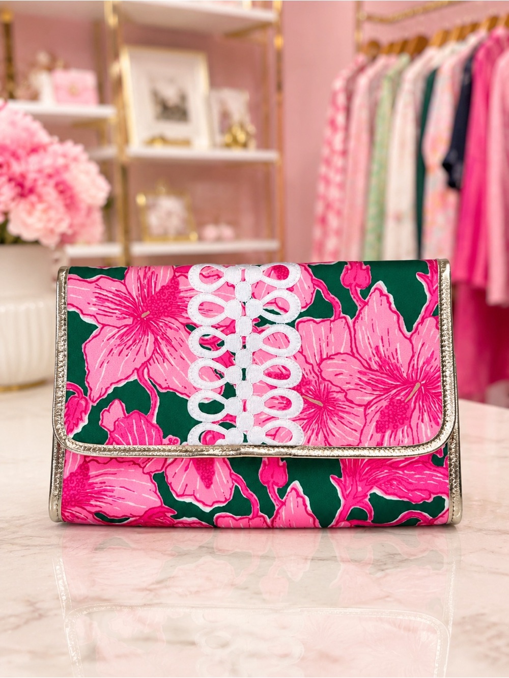 Lilly Pulitzer Floral Clutch / Foldover Wristlet – Pink & Green